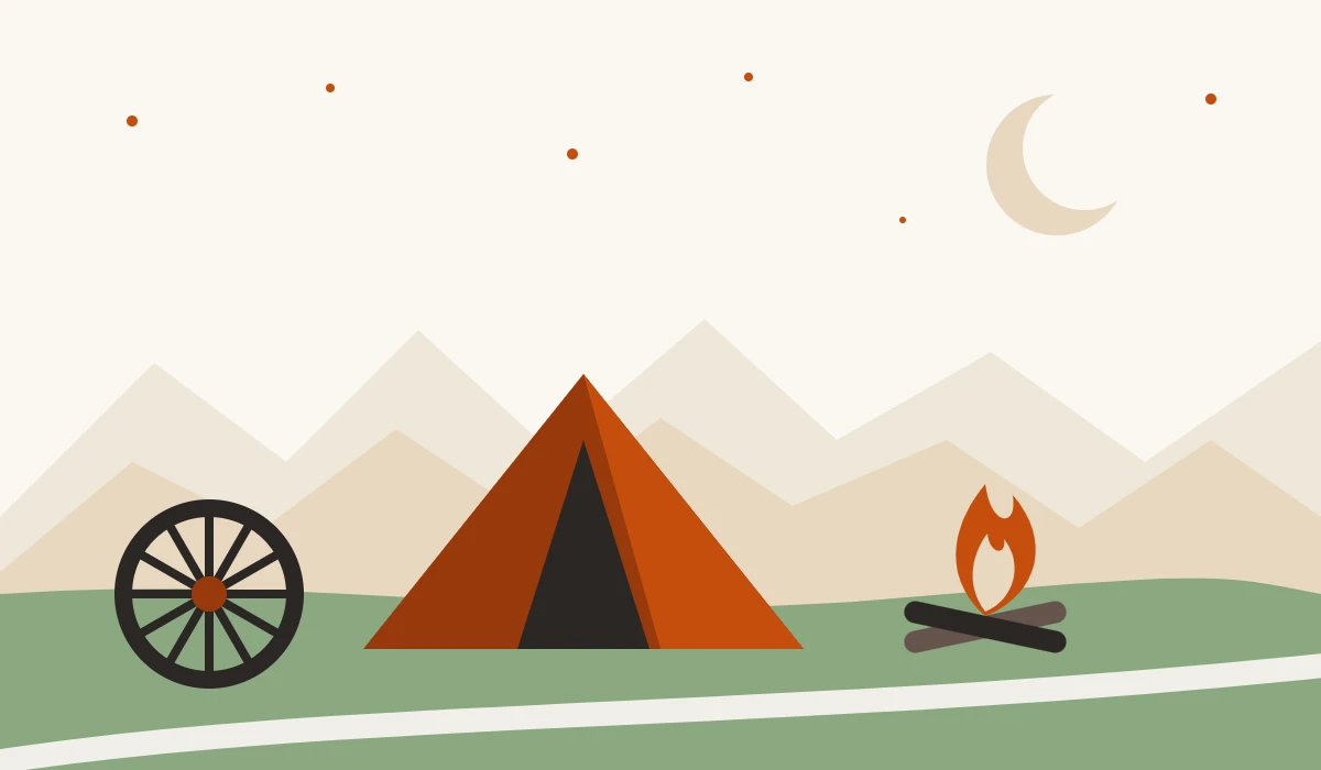 Camp at night with a tent, a campfire and a parked wagon wheel